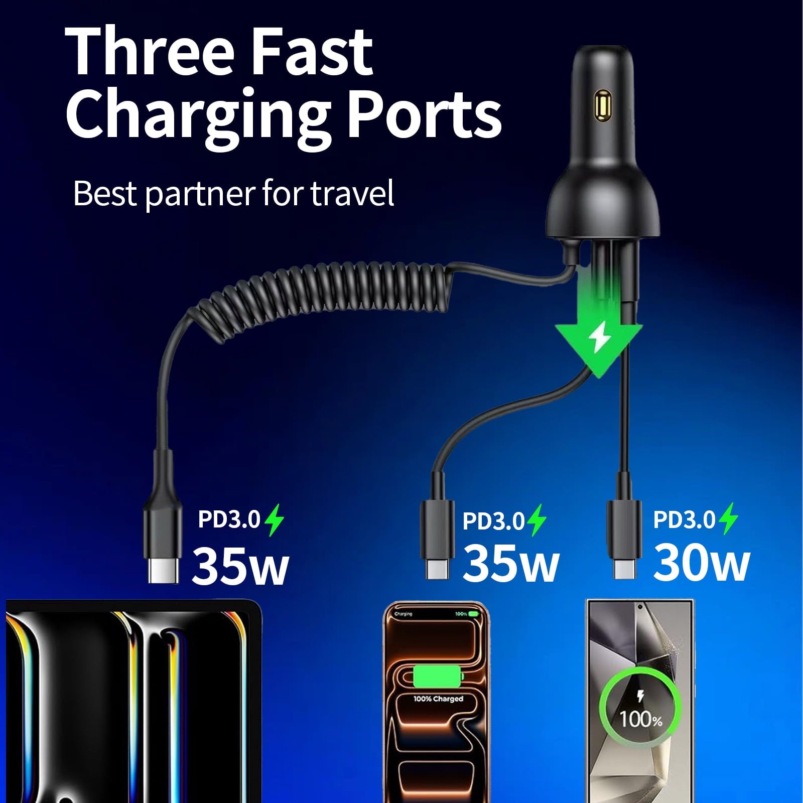 USB C Car Charger, 60W Fast Charging Dual Port PD & QC 3.0 Car Phone Charger Adapter with 5ft Built-in Type C Cable for iPhone, Samsung, Android Phones, Tablets
