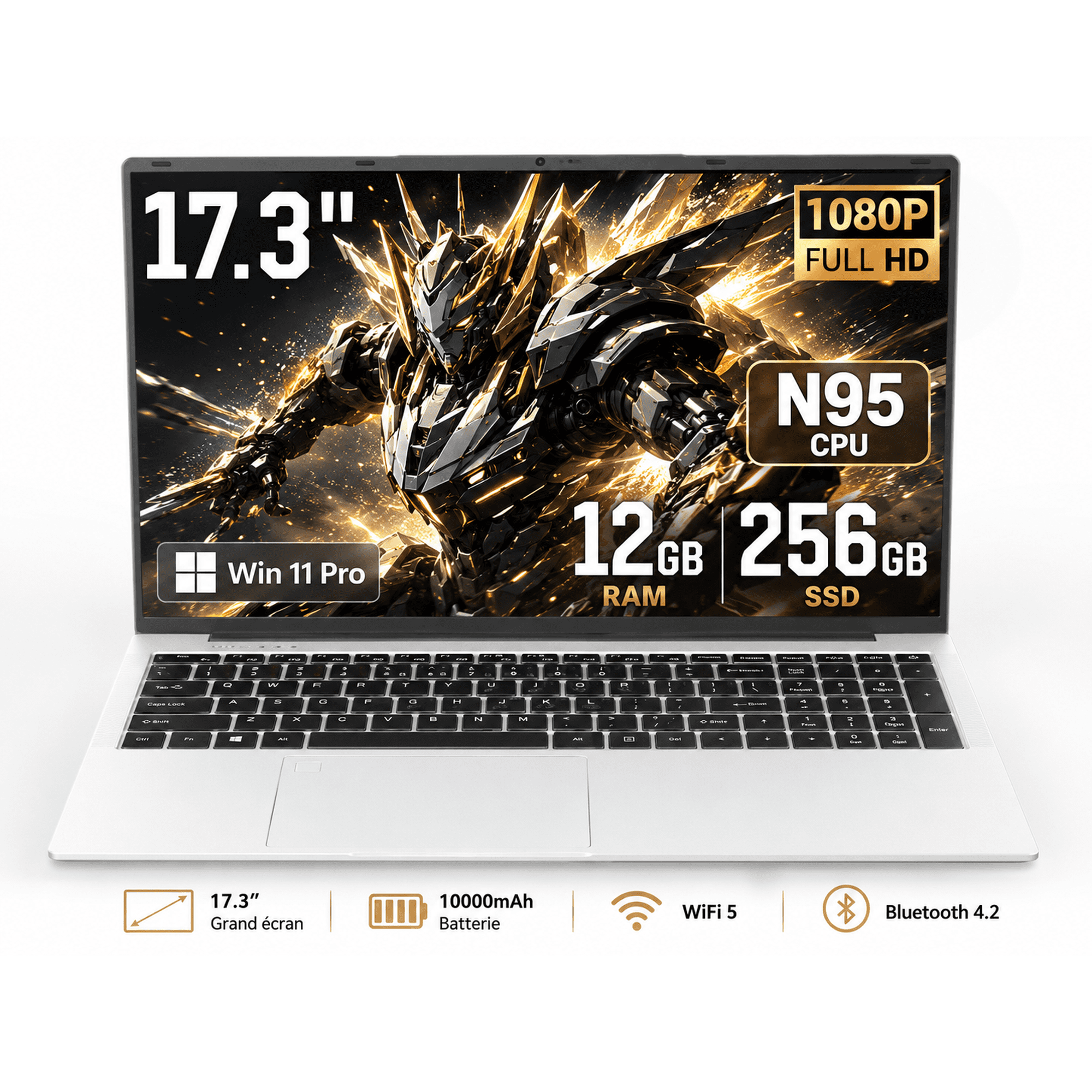 17.3" Laptop Computer, Intel N95, 12GB RAM, 256GB SSD, 10000mAh Battery, Large Screen Notebook for Student, Business & Home Use