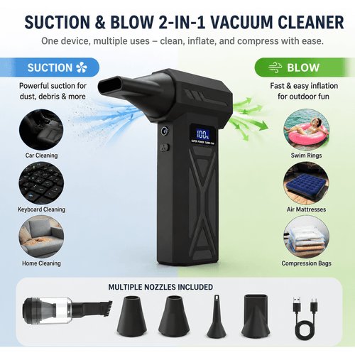 3-in-1 Air Duster and Vacuum Cleaner, 150000RPM High-Speed 4-Speed Adjustable Blower with Screen Display and LED Lights,Dust Remover for Computer/House/Outdoor/Car, Black