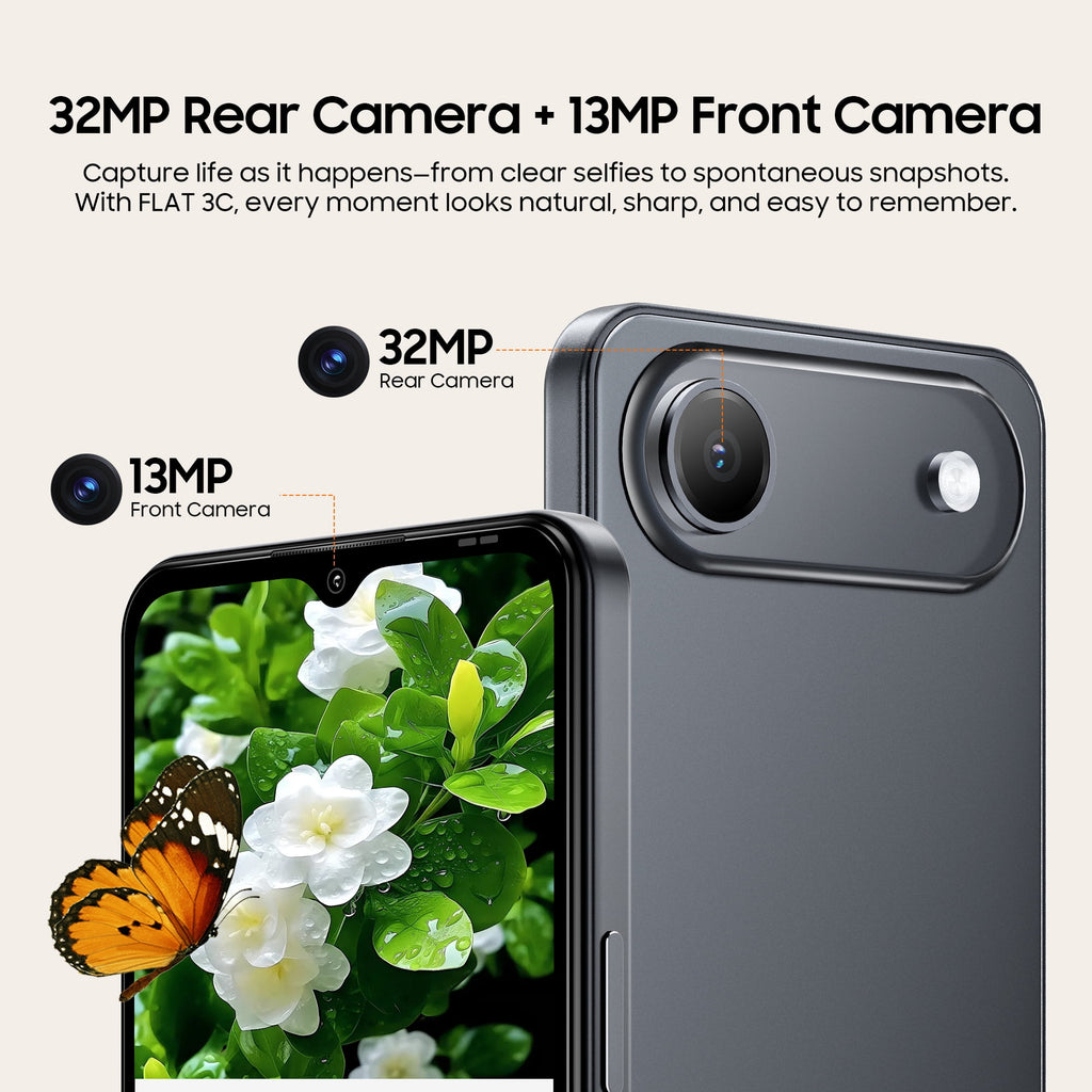 OSCAL FLAT 3C Unlocked Cell Phone,Android 16 Phone with 6.56" HD+ Display,5000mAh Battery,16(4+12)+64GB/1TB Expandable,32MP Rear Camera,IP54,DokeOS 5.0,Black