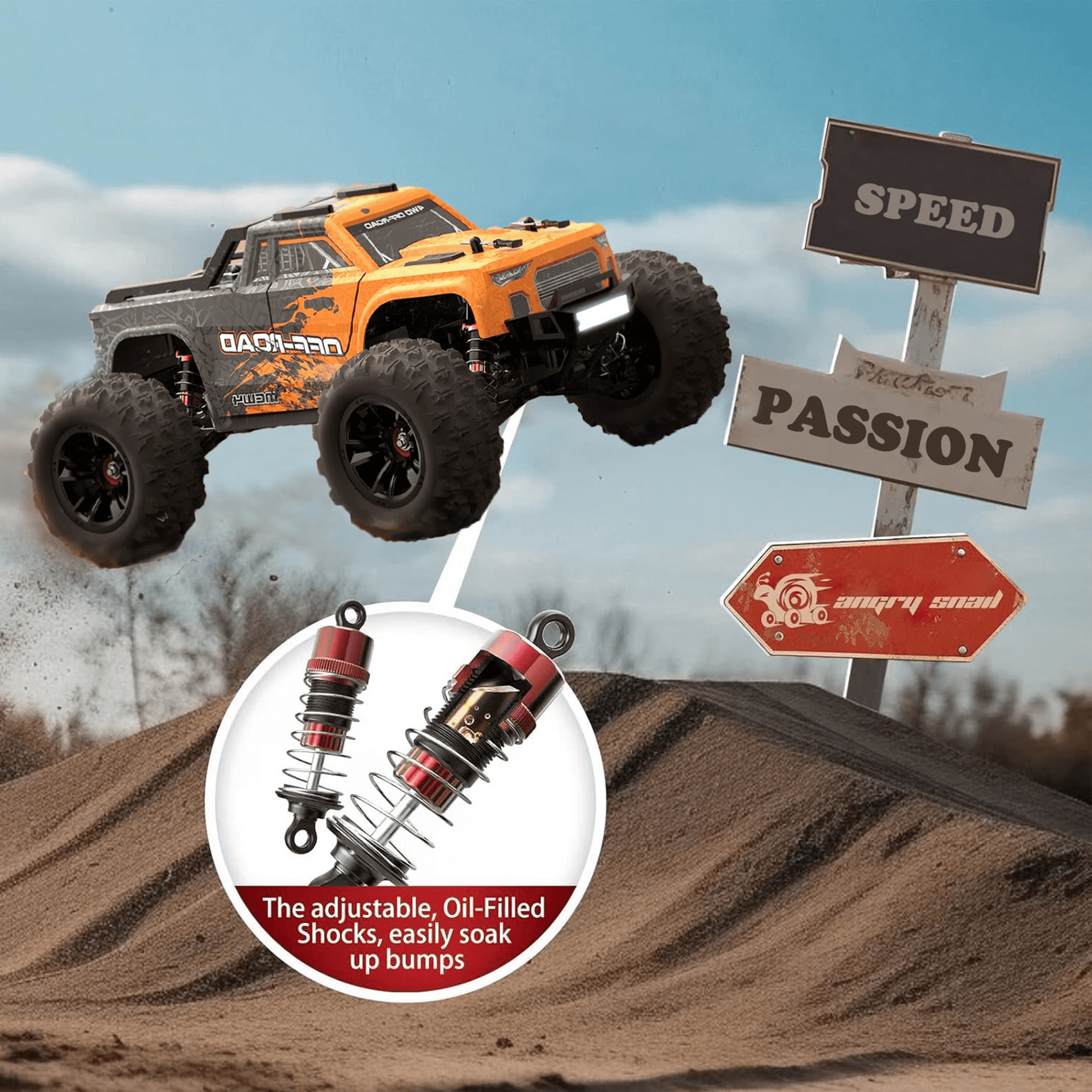 AUOSHI RC Cars 1:16 High Speed Remote Control Truck, 4WD All Terrain Off Road RC Truck 35+MPH with LED Lights, 2 Batteries for Kids and Adults Toy Gifts