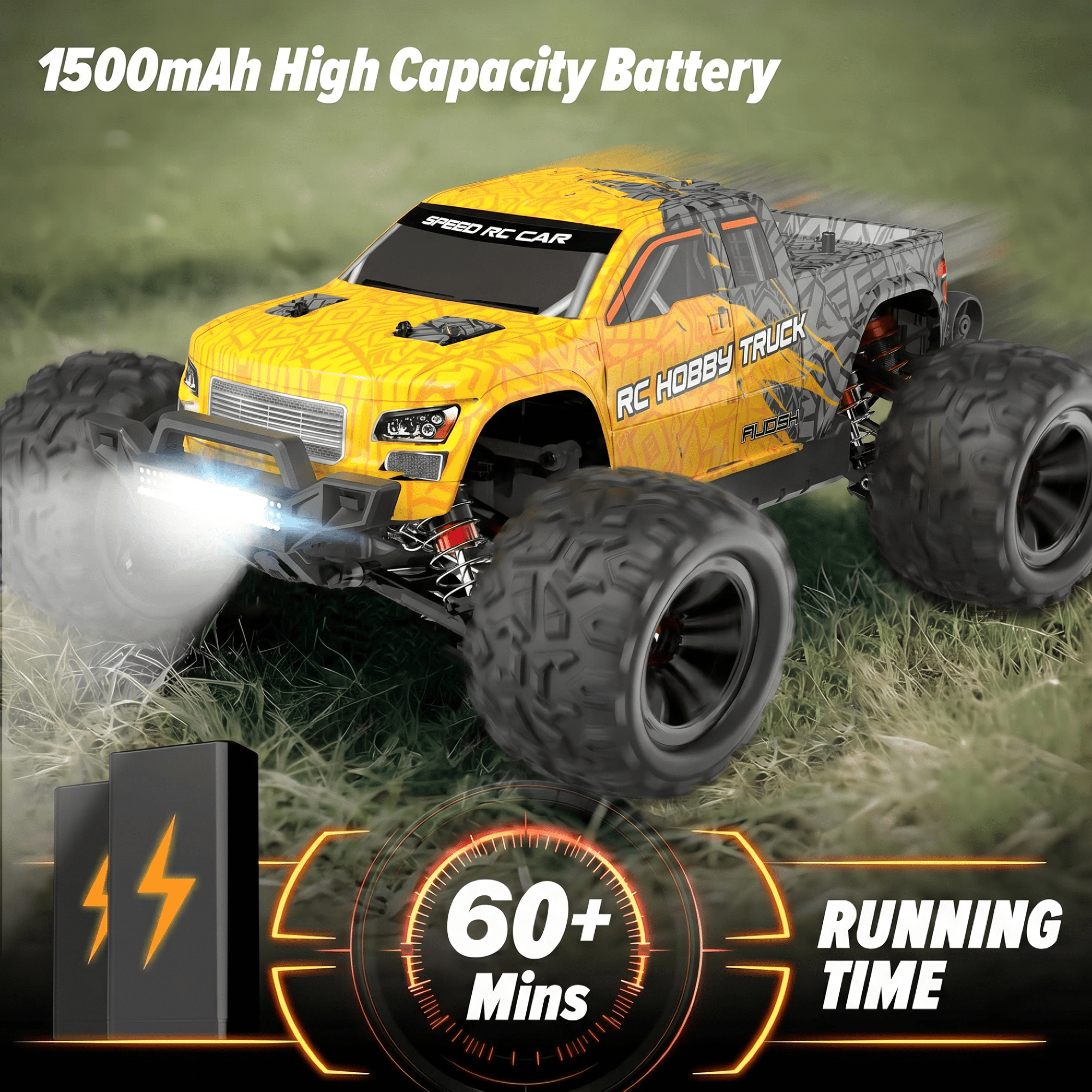 AUOSHI RC Cars 1:16 High Speed Remote Control Truck, 4WD All Terrain Off Road RC Truck 35+MPH with LED Lights, 2 Batteries for Kids and Adults Toy Gifts