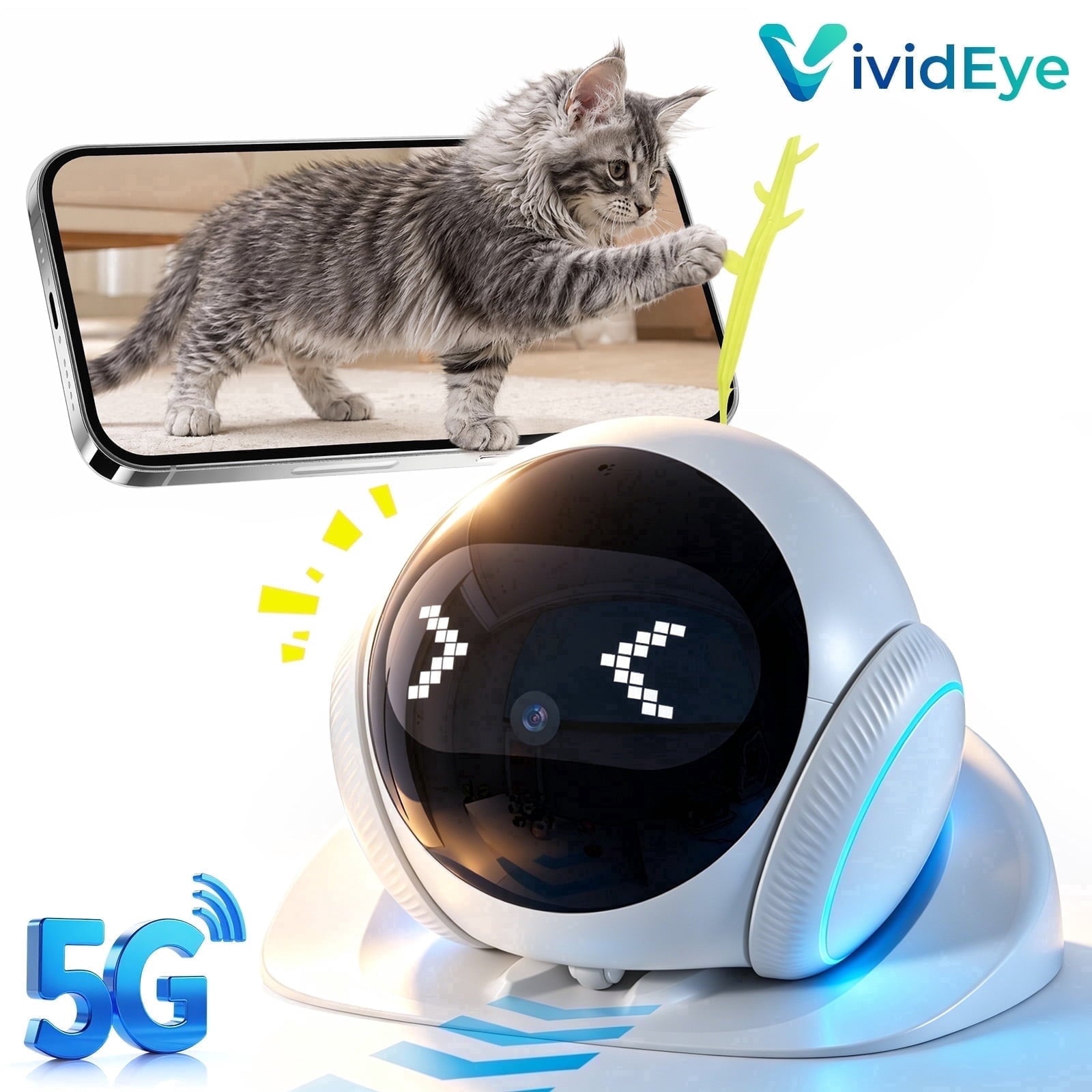 VividEye 2K Pet Camera Robot with AI, Movable Indoor WiFi Cam, Whole-Home Auto Patrol, Auto-Recharge, 360° Pet Finder, 2-Way Audio, Bark & Sound Alerts for Dogs and Cats
