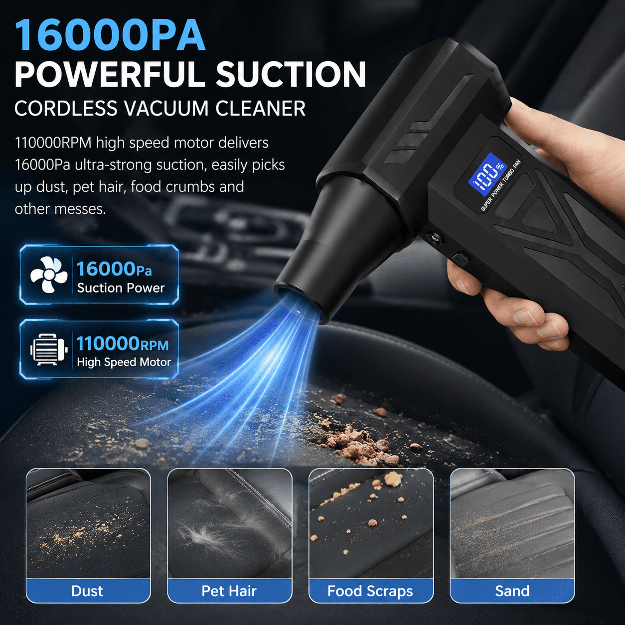 3-in-1 Air Duster and Vacuum Cleaner, 150000RPM High-Speed 4-Speed Adjustable Blower with Screen Display and LED Lights,Dust Remover for Computer/House/Outdoor/Car, Black