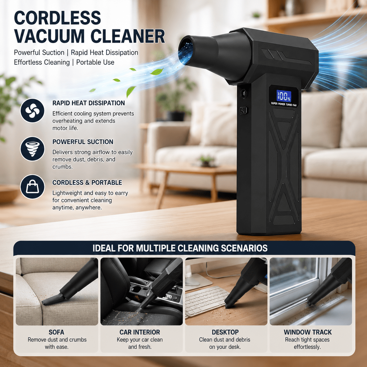 3-in-1 Air Duster and Vacuum Cleaner, 150000RPM High-Speed 4-Speed Adjustable Blower with Screen Display and LED Lights,Dust Remover for Computer/House/Outdoor/Car, Black